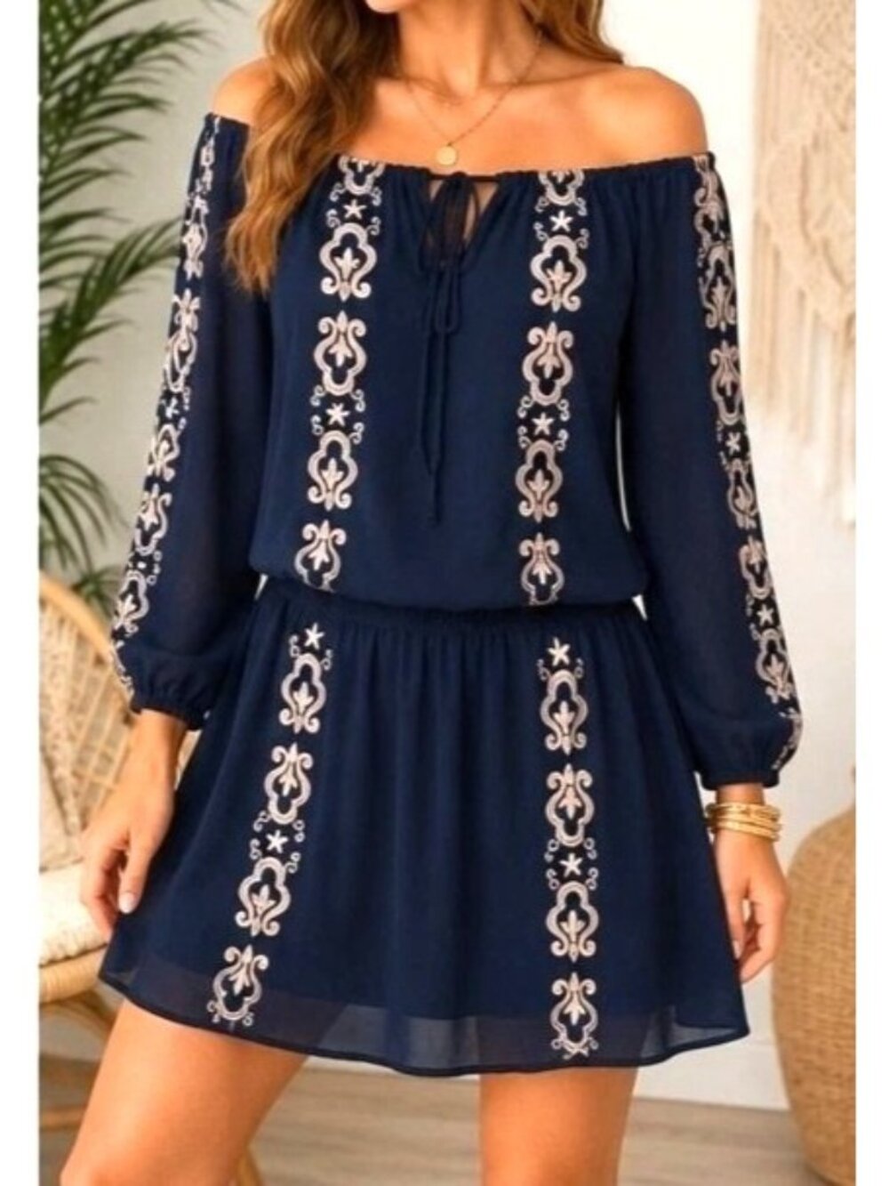 Union of Angels Blue Gold Embroidered Keyhole Off-Shoulder Mini Dress S